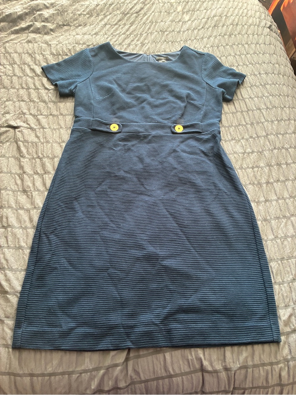 Ann Taylor Blue Short-Sleeve Textured Sheath Dress with Yellow Buttons